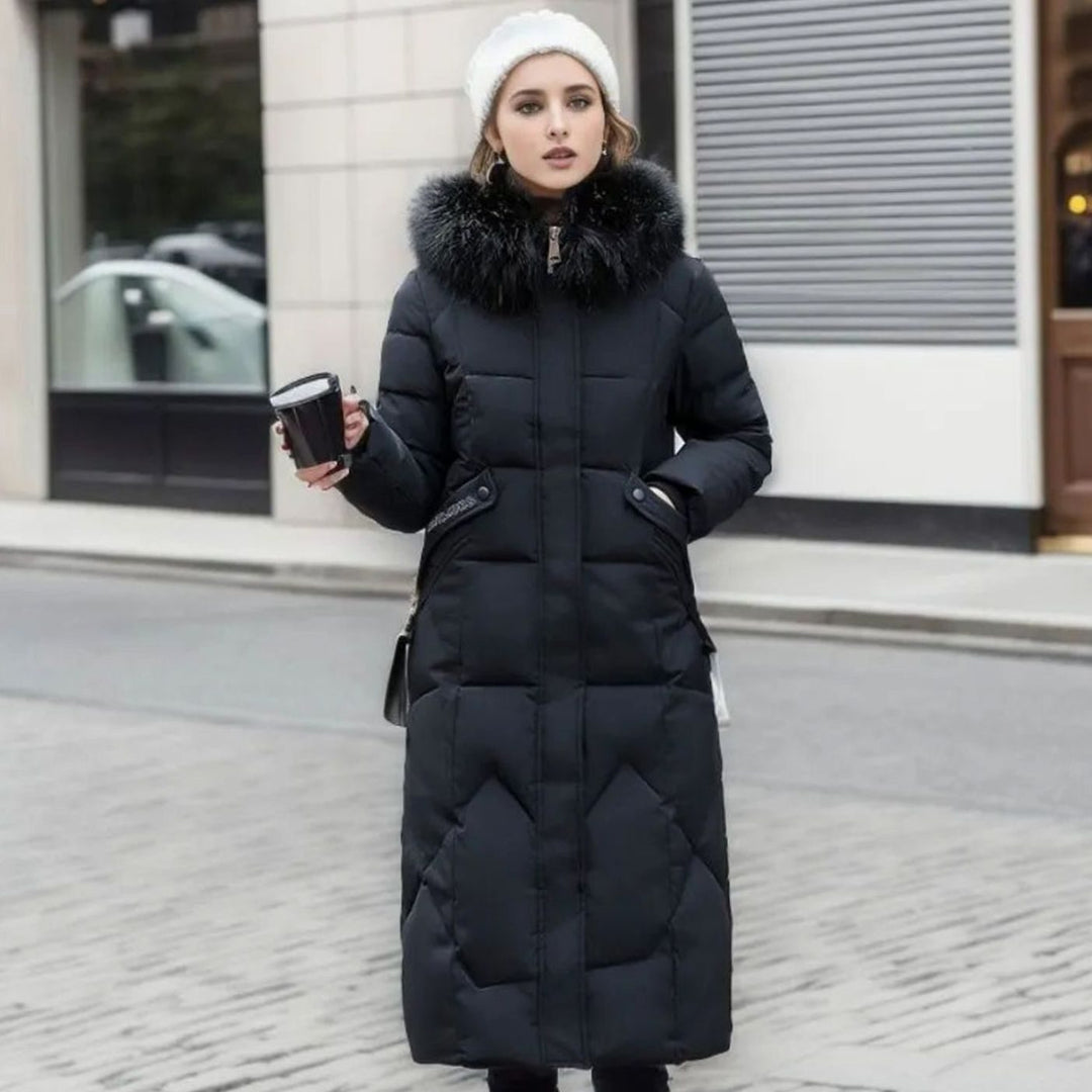 Svea | Women’s Long Quilted Puffer Coat with Faux Fur Hood