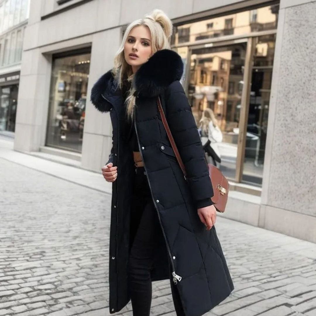Svea | Women’s Long Quilted Puffer Coat with Faux Fur Hood
