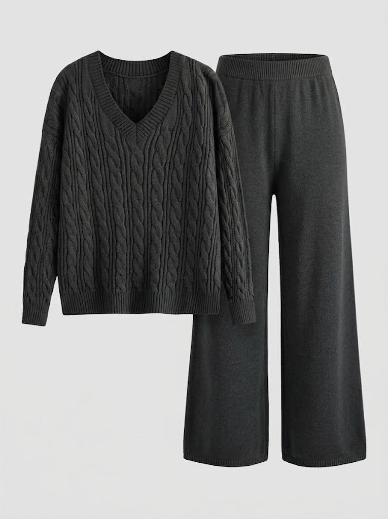 Antonia | Women’s V Neck Cable Knit Sweater and Wide Leg Pants Set