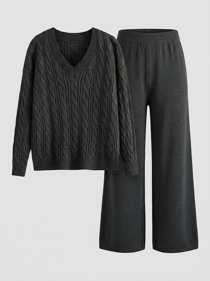 Antonia | Women’s V Neck Cable Knit Sweater and Wide Leg Pants Set