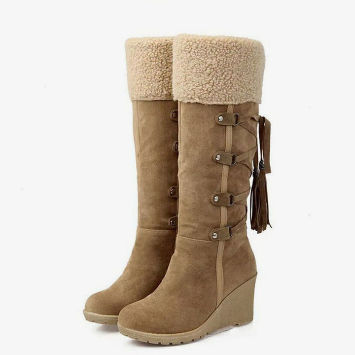 Aurelia | Women’s Knee High Wedge Winter Boots with Sherpa Cuff and Tassels