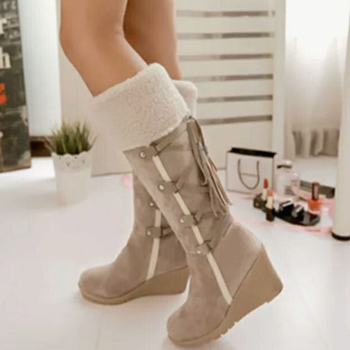 Aurelia | Women’s Knee High Wedge Winter Boots with Sherpa Cuff and Tassels