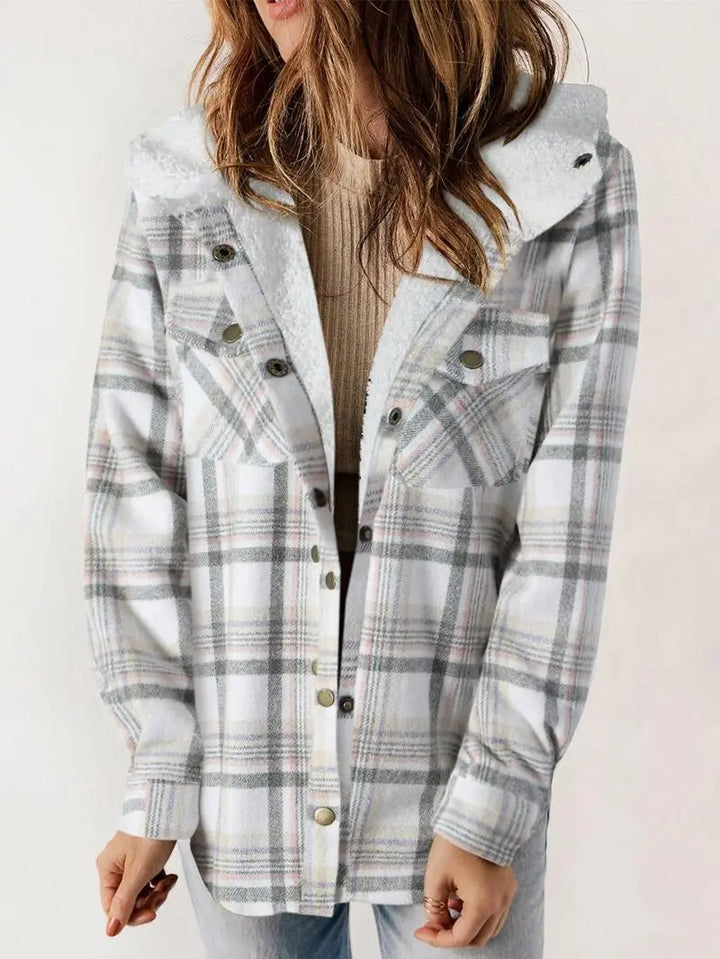 Juniper | Women’s Hooded Plaid Flannel Shacket with Sherpa Trim
