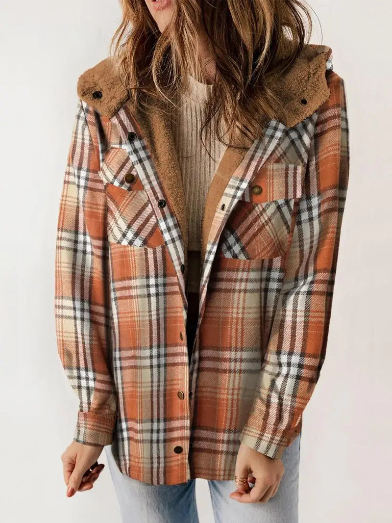 Juniper | Women’s Hooded Plaid Flannel Shacket with Sherpa Trim