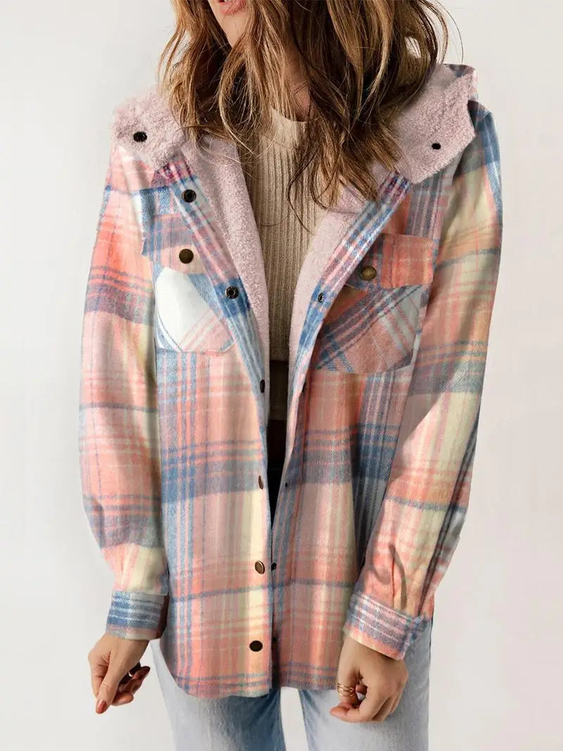 Juniper | Women’s Hooded Plaid Flannel Shacket with Sherpa Trim