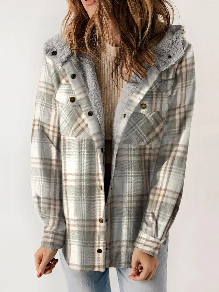Juniper | Women’s Hooded Plaid Flannel Shacket with Sherpa Trim