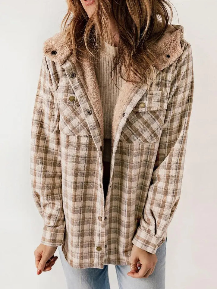 Juniper | Women’s Hooded Plaid Flannel Shacket with Sherpa Trim