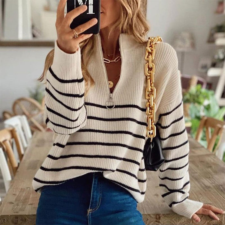 Luminitsa | Women's Striped Ribbed Knit Half Zip Sweater
