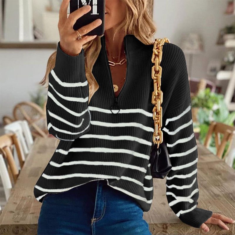 Luminitsa | Women's Striped Ribbed Knit Half Zip Sweater