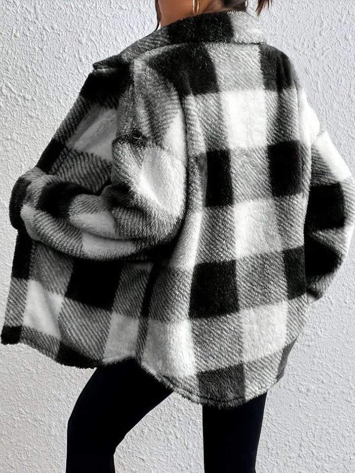 Maurelle | Women's Oversized Plaid Fluffy Button-Up Jacket