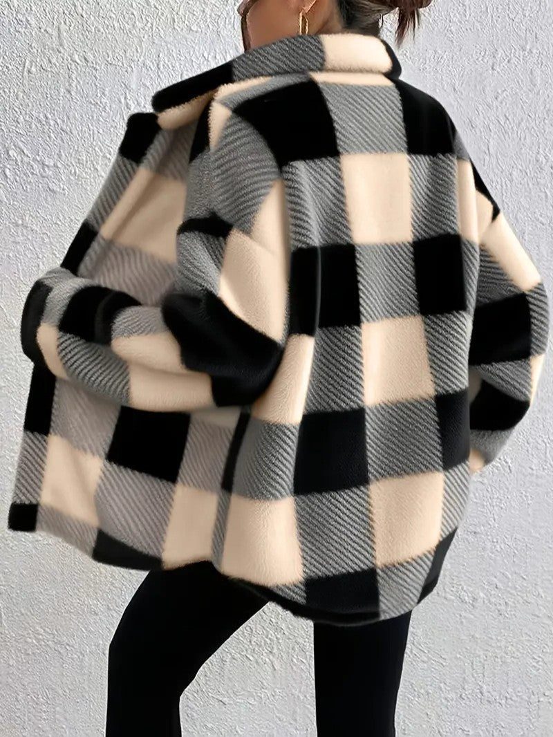Maurelle | Women's Oversized Plaid Fluffy Button-Up Jacket