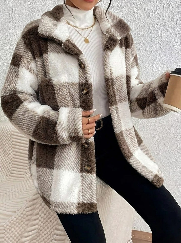 Maurelle | Women's Oversized Plaid Fluffy Button-Up Jacket
