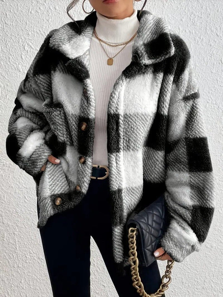 Maurelle | Women's Oversized Plaid Fluffy Button-Up Jacket