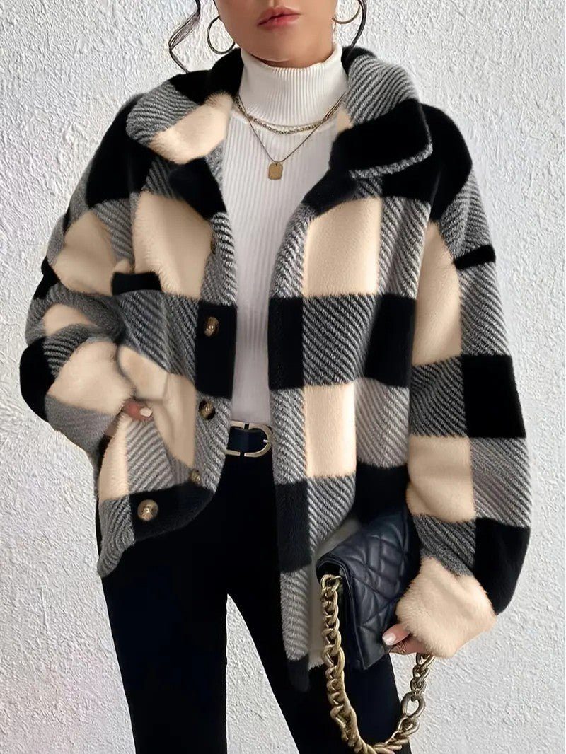 Maurelle | Women's Oversized Plaid Fluffy Button-Up Jacket