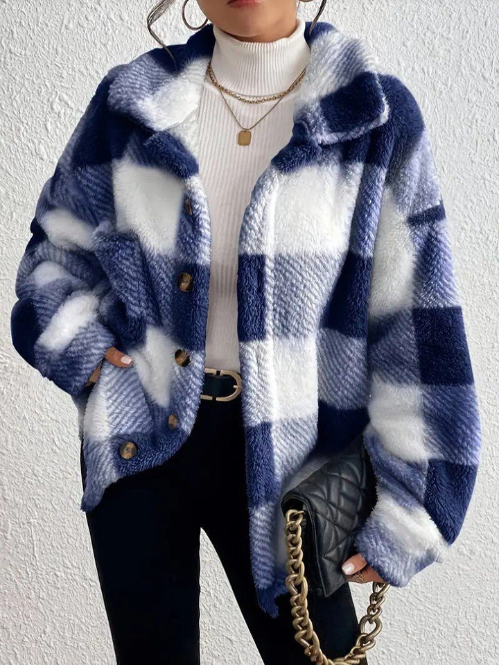 Maurelle | Women's Oversized Plaid Fluffy Button-Up Jacket