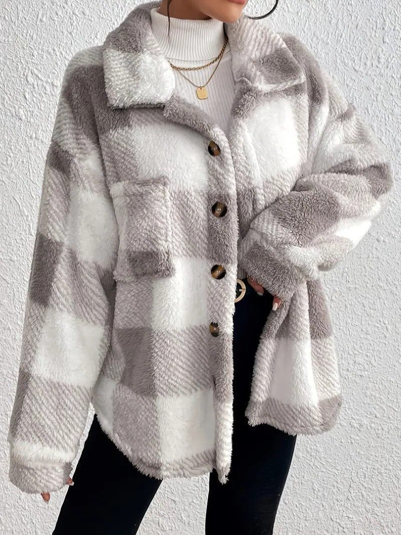 Maurelle | Women's Oversized Plaid Fluffy Button-Up Jacket