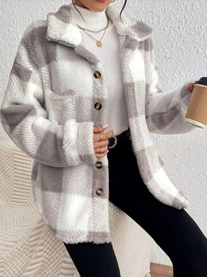 Maurelle | Women's Oversized Plaid Fluffy Button-Up Jacket