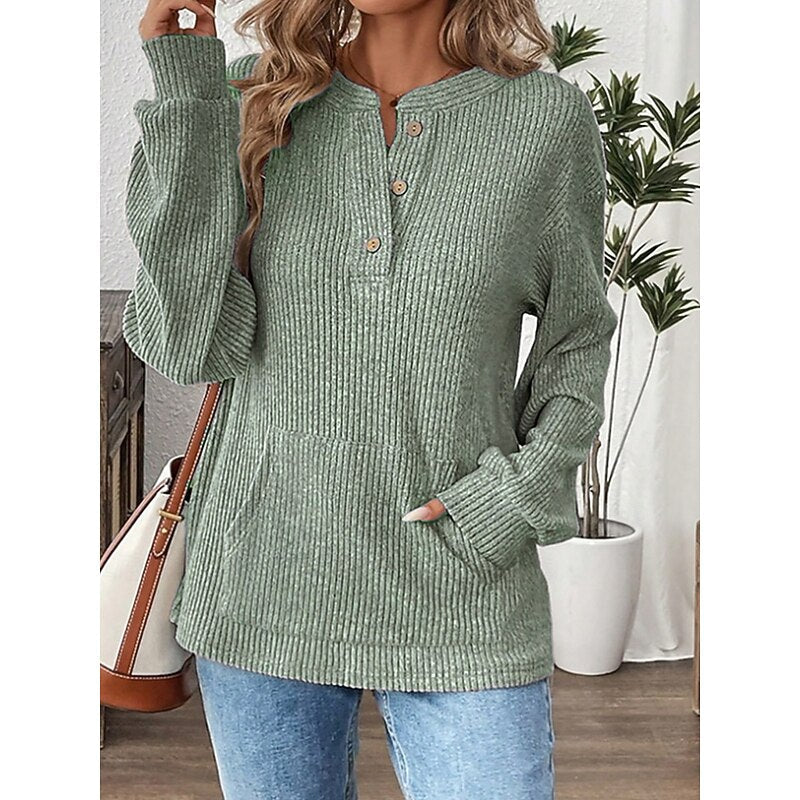 Isadora | Women's Relaxed Fit Ribbed Knit Henley Top with Kangaroo Pocket