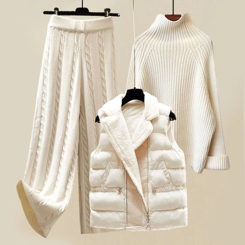 Delaney | Women’s 3 Piece Cable Knit Sweater Pants Puffer Vest Set