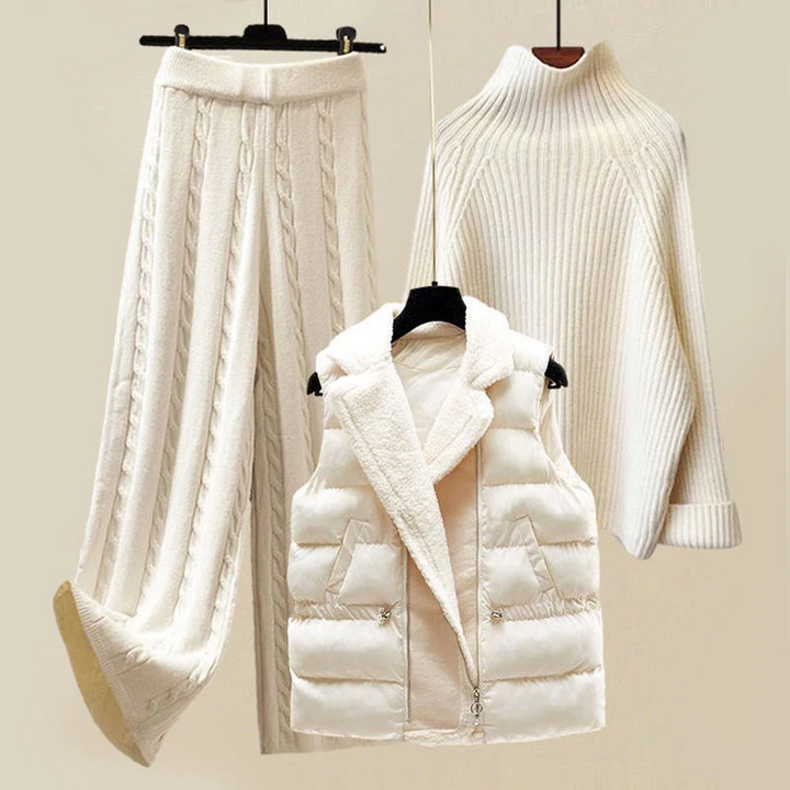 Delaney | Women’s 3 Piece Cable Knit Sweater Pants Puffer Vest Set