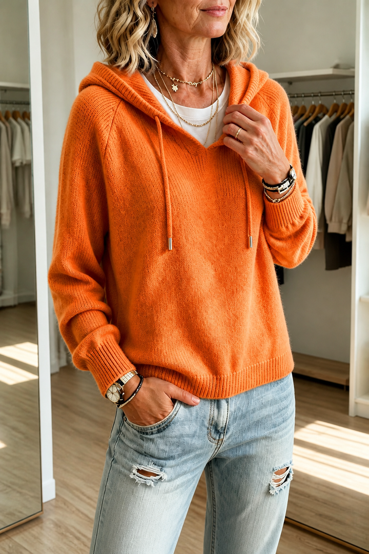 Robyn | Women's Oversized Hooded Knit Sweater with V-Neck Drawstring
