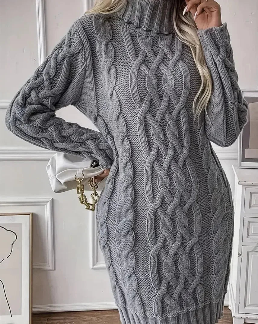 Eleanor | Women’s Chunky Cable Knit Turtleneck Sweater Dress