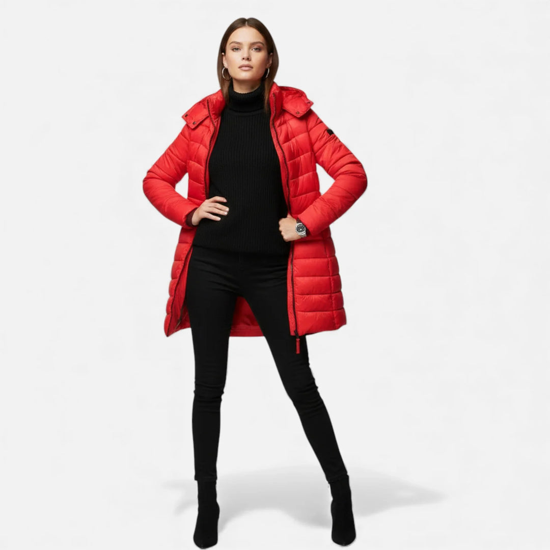 Freya | Women’s Fitted Hooded Mid Length Puffer Jacket
