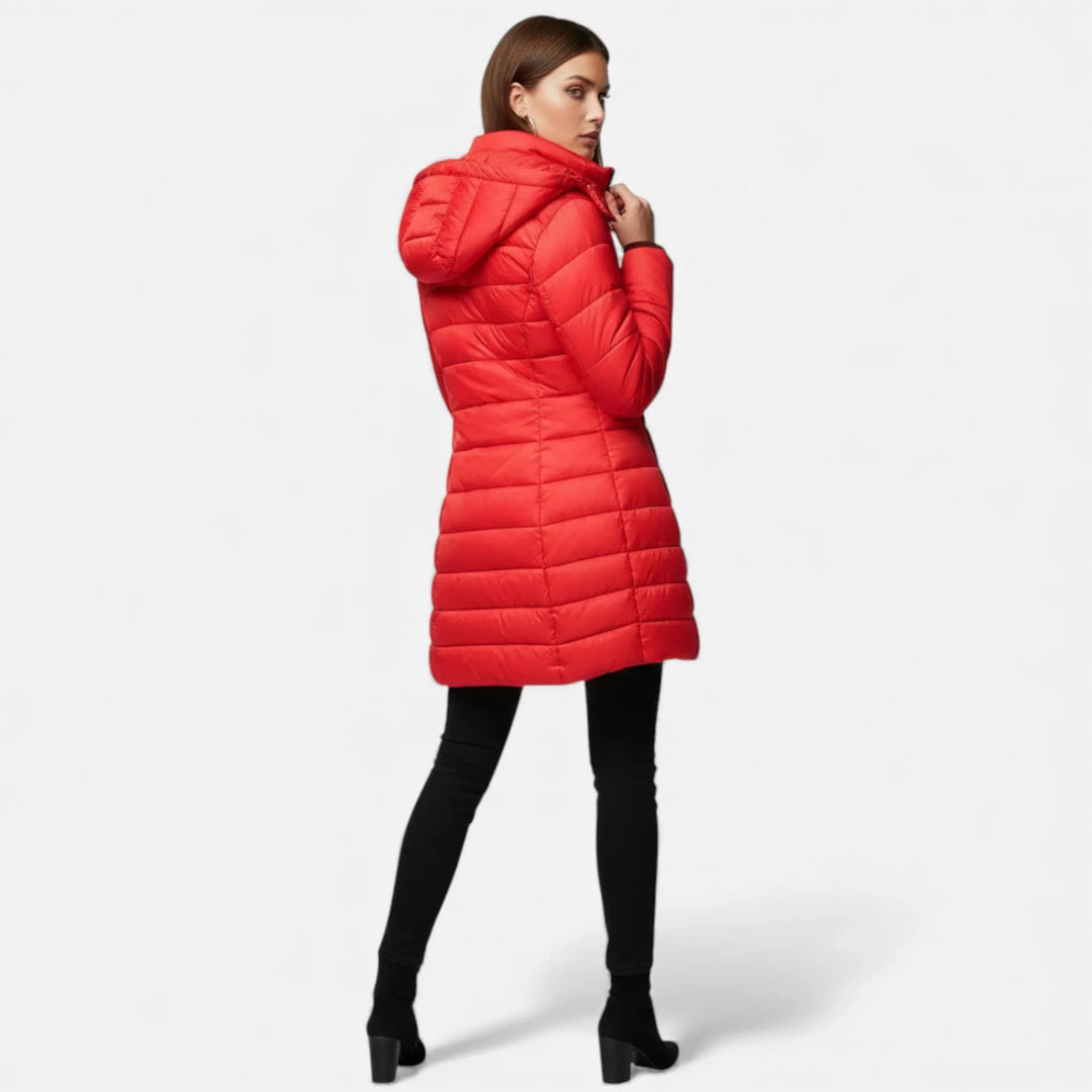 Freya | Women’s Fitted Hooded Mid Length Puffer Jacket