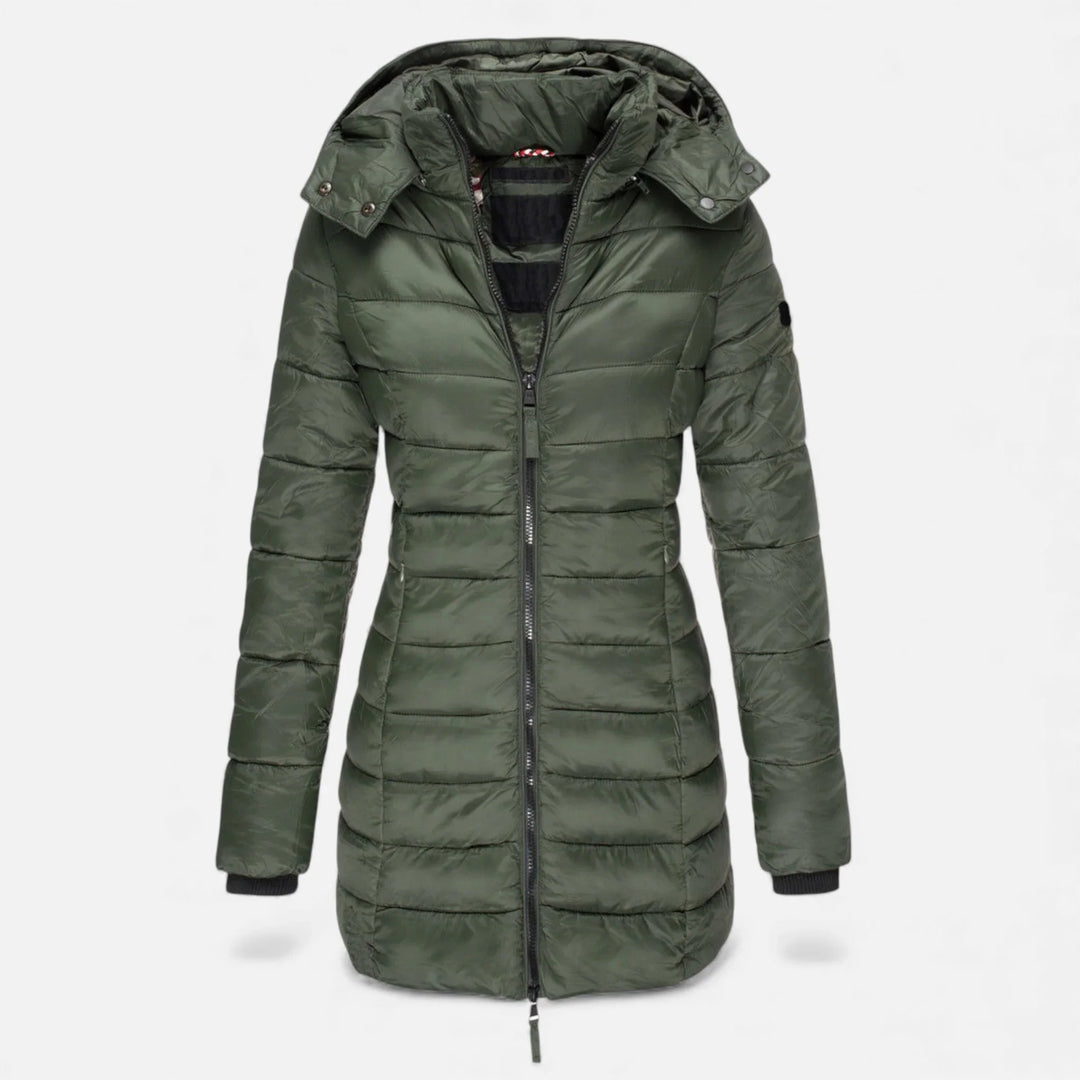 Freya | Women’s Fitted Hooded Mid Length Puffer Jacket