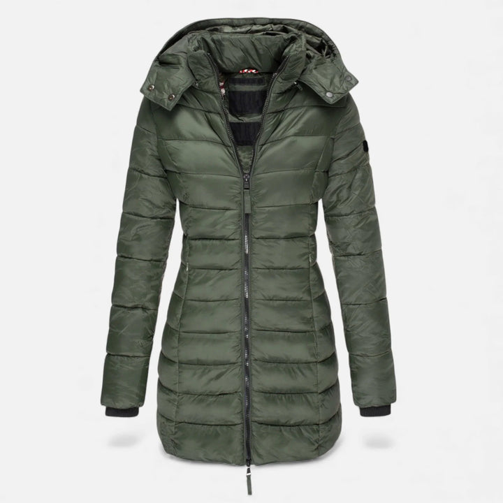 Freya | Women’s Fitted Hooded Mid Length Puffer Jacket
