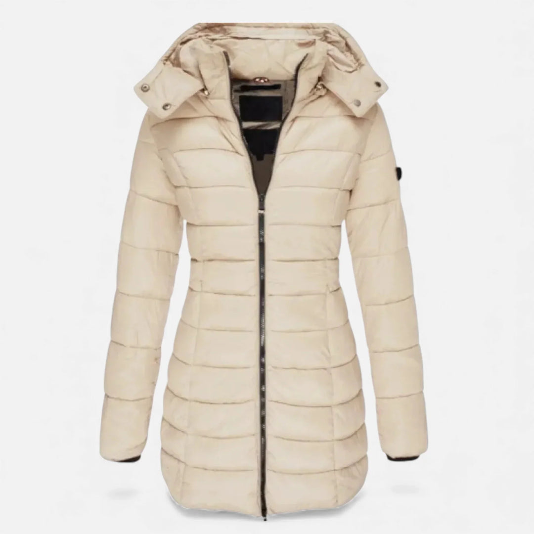 Freya | Women’s Fitted Hooded Mid Length Puffer Jacket