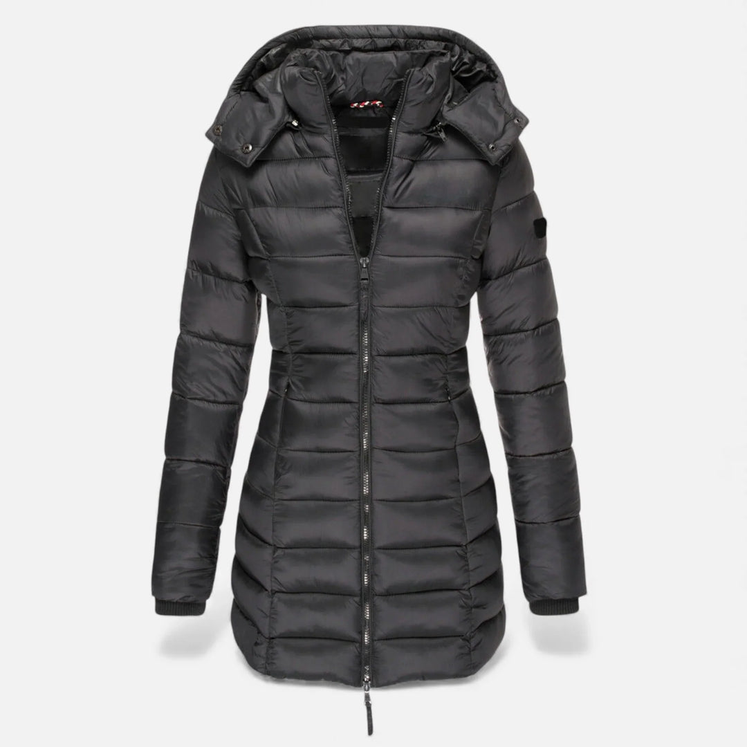 Freya | Women’s Fitted Hooded Mid Length Puffer Jacket
