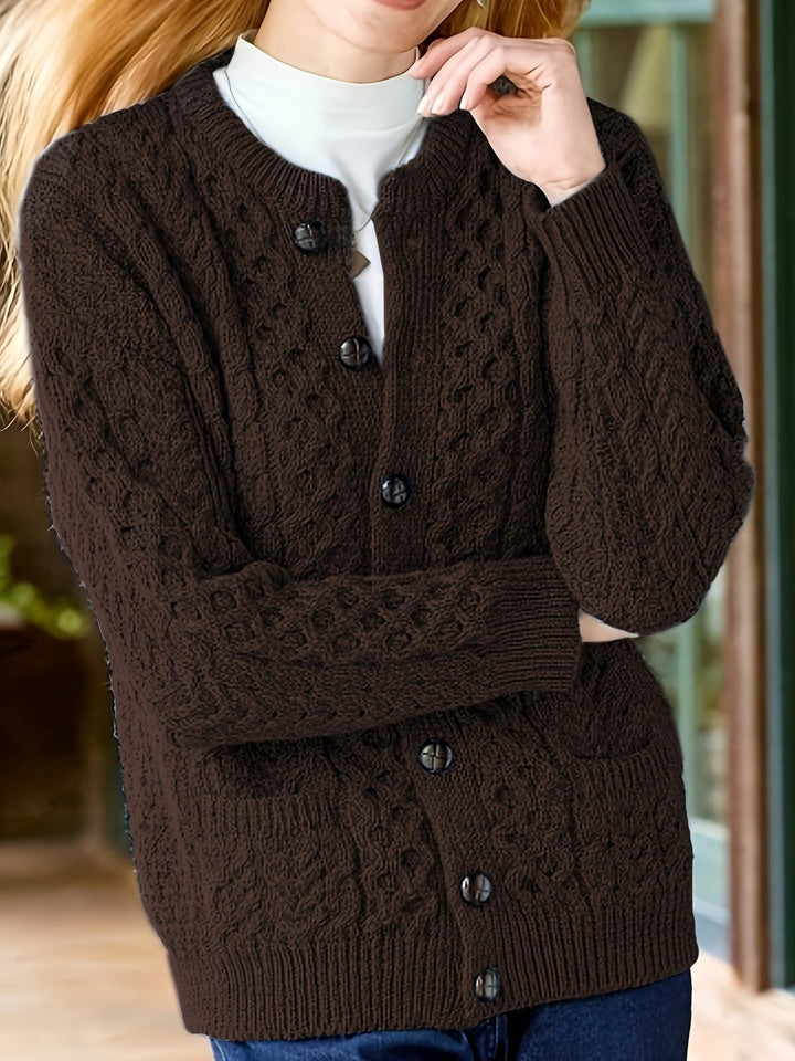 Ysabeau | Women's Chunky Cable Knit Crew Neck Cardigan with Pockets