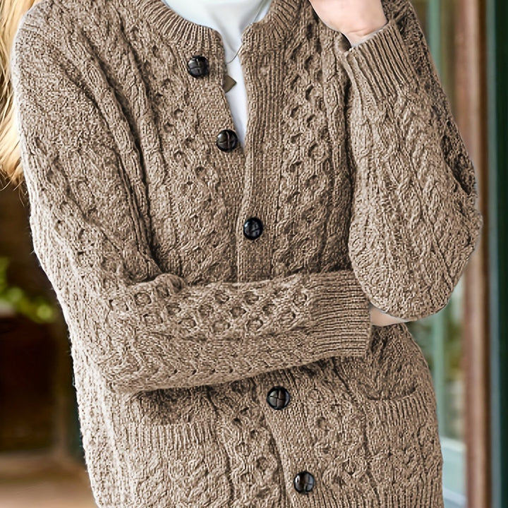 Ysabeau | Women's Chunky Cable Knit Crew Neck Cardigan with Pockets