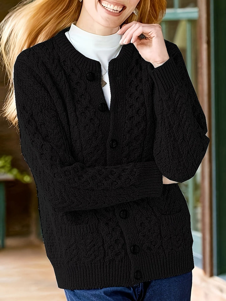 Ysabeau | Women's Chunky Cable Knit Crew Neck Cardigan with Pockets